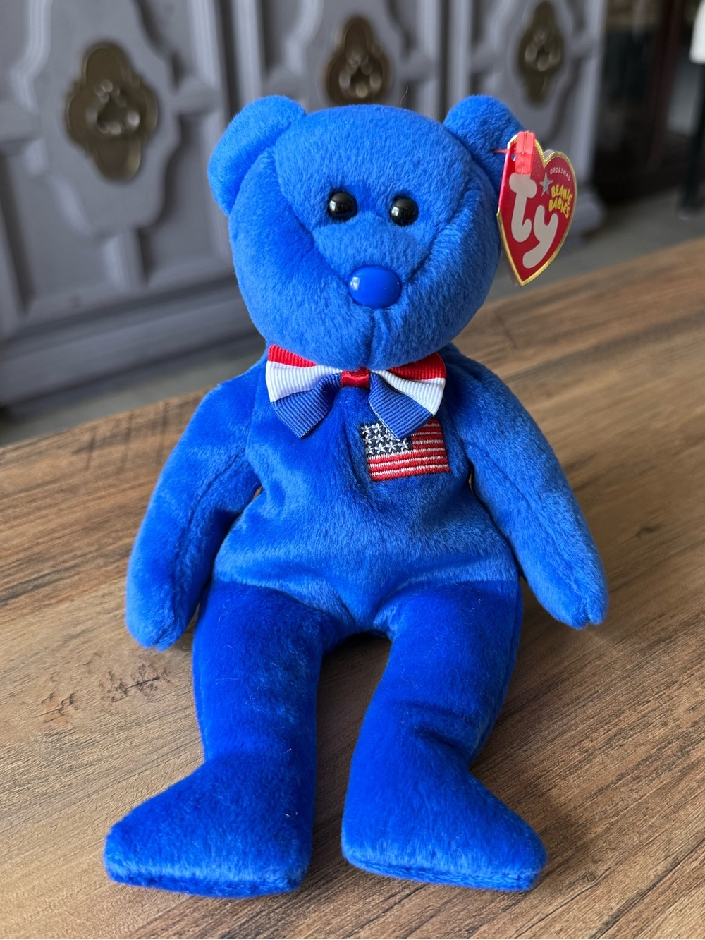 Ty Beanie Baby JOHN The Blue Bear Patriotic 4th of July USA